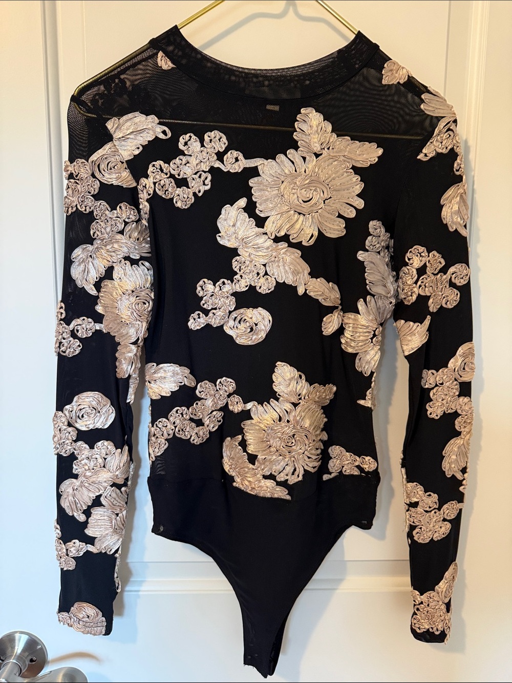 Sheer Black Long-Sleeve Floral Appliqué Bodysuit